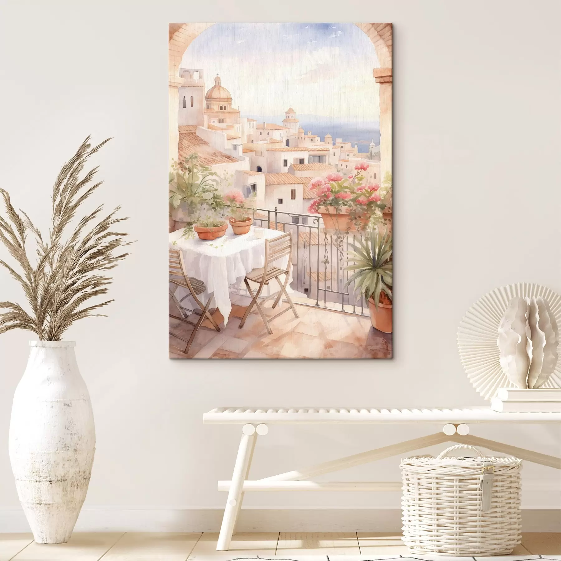 Fototapeedid Päikeseloojang rõdul, Itaalia, arhitektuur, õitsevad lilled, akvarellstiil s43184