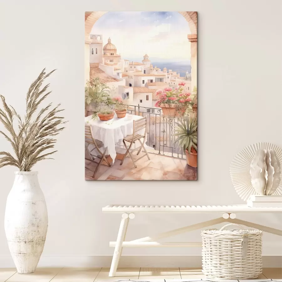 Pilt Päikeseloojang rõdul, Itaalia, arhitektuur, õitsevad lilled, akvarellstiil s43184