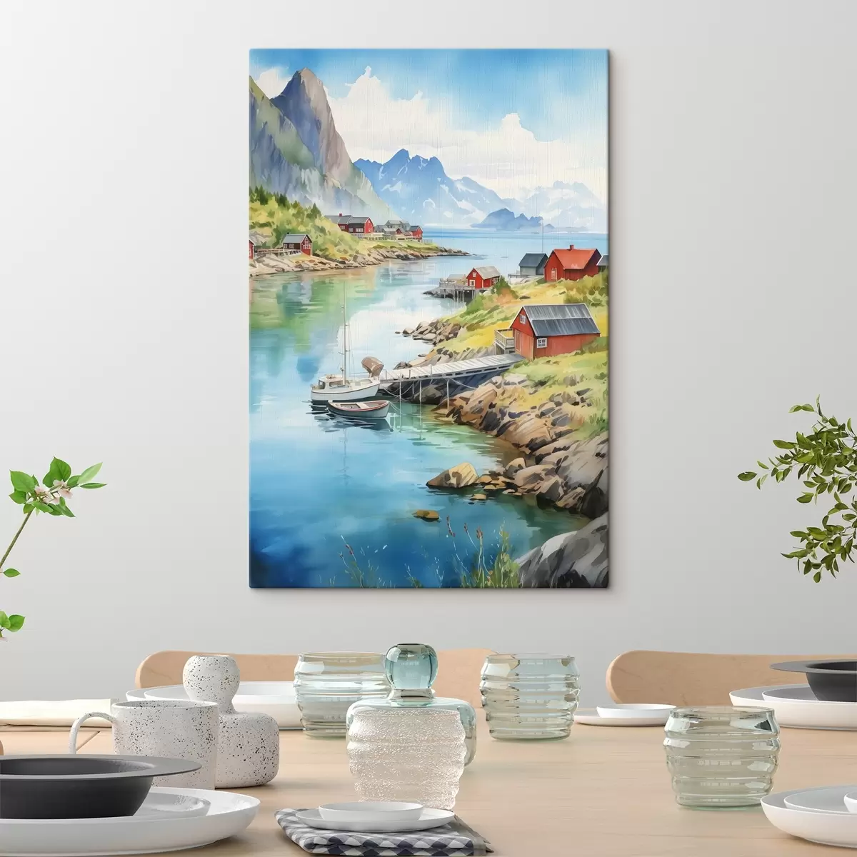 Pilt Lofootide saarte suvine maastik, punased majad, mäed, paadid s43187