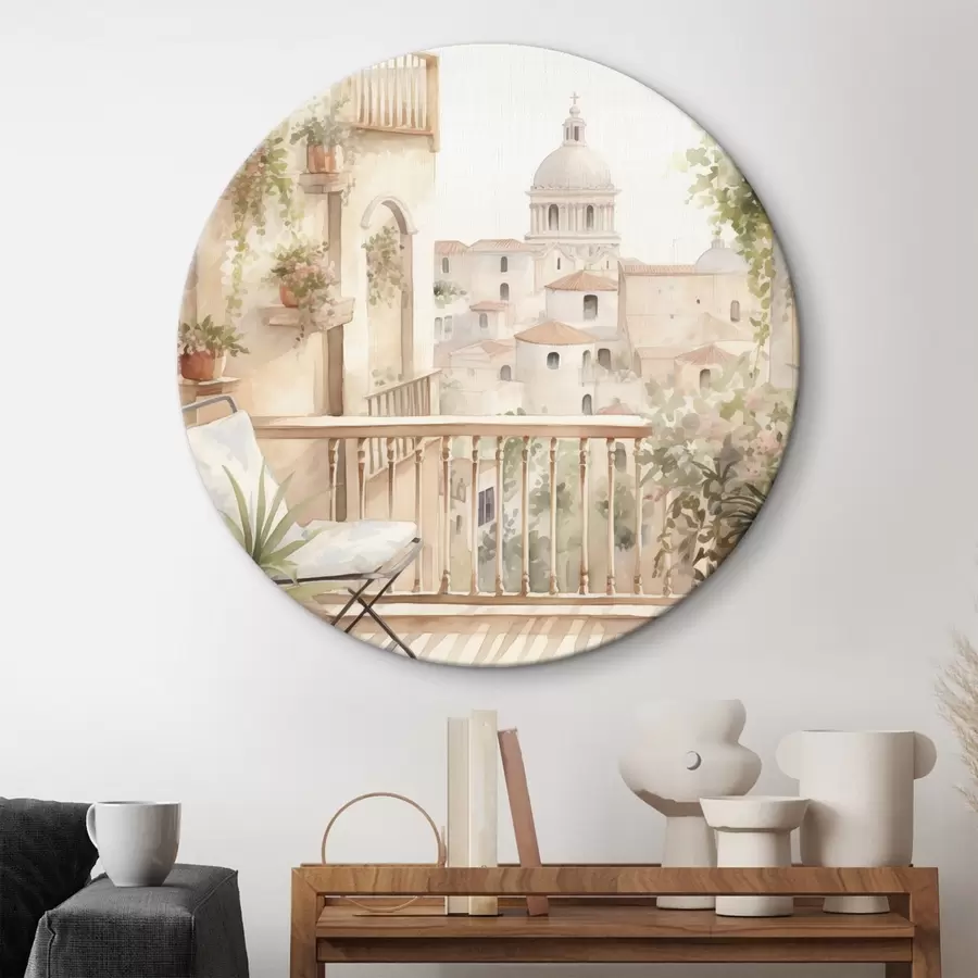 Pilt Esteetiline suvine rõdu, Hispaania, vana arhitektuur, blomming, akvarellstiil r43180