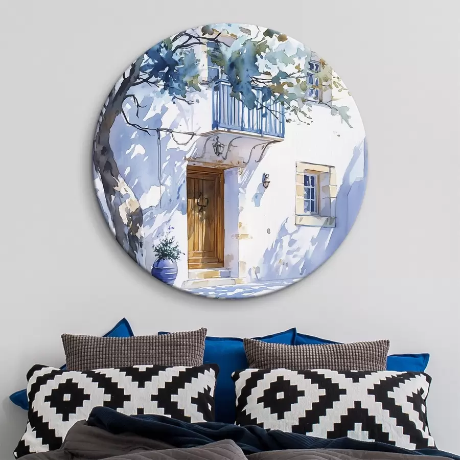 Pilt Akvarellstiil, kreeka maja, õitsev puu, arhitektuur r43182