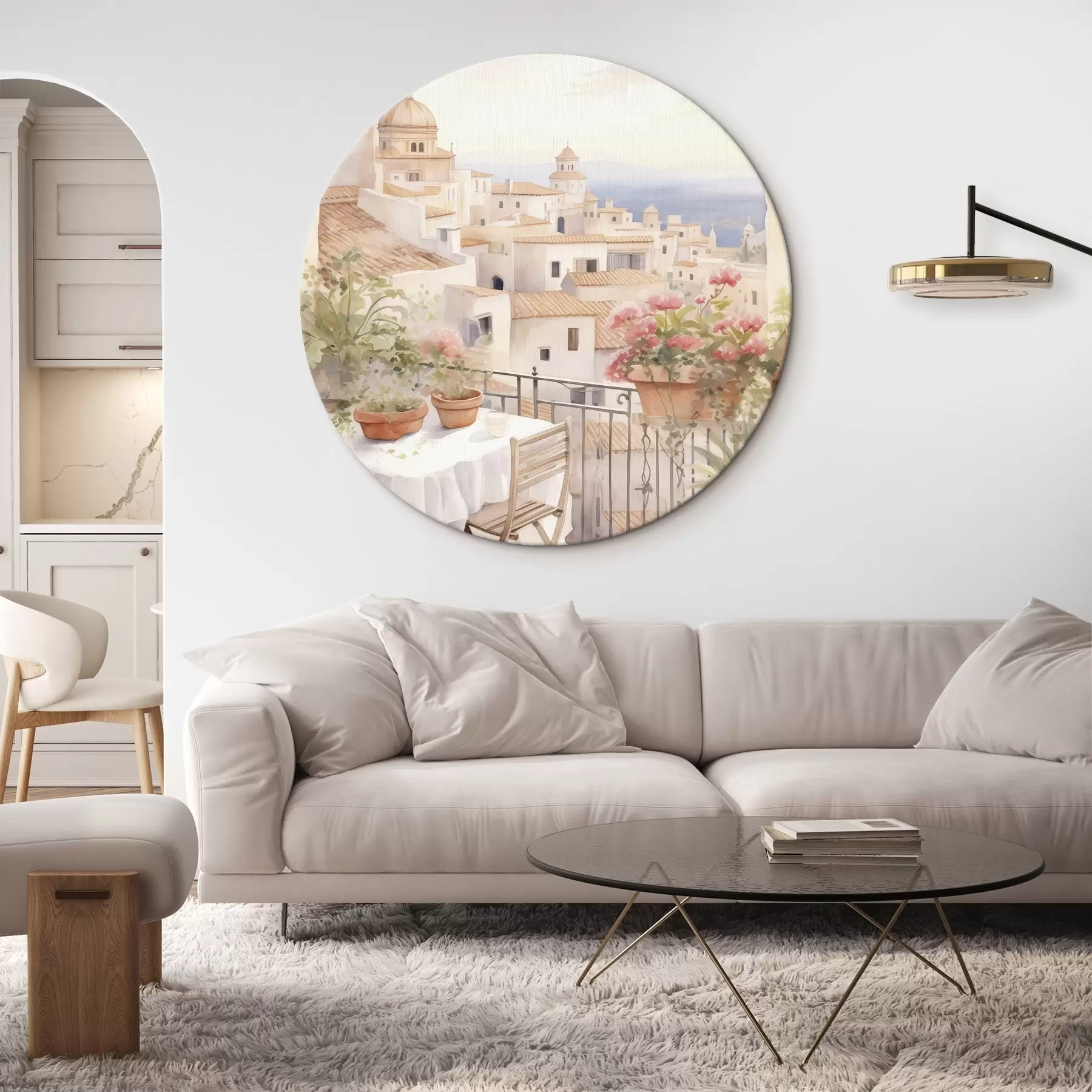 Pilt Päikeseloojang rõdul, Itaalia, arhitektuur, õitsevad lilled, akvarellstiil r43184