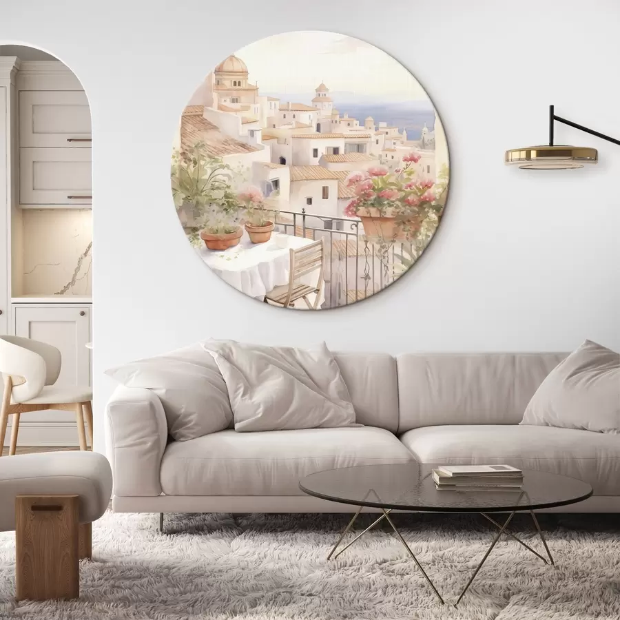 Pilt Päikeseloojang rõdul, Itaalia, arhitektuur, õitsevad lilled, akvarellstiil r43184