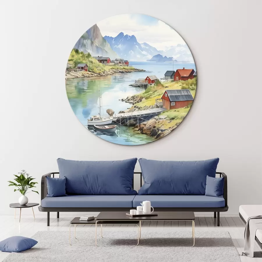 Pilt Lofootide saarte suvine maastik, punased majad, mäed, paadid r43187