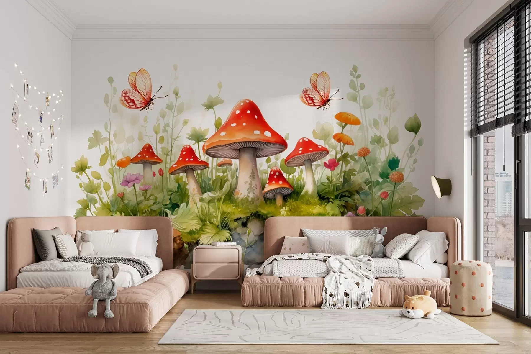 Fototapeedid Metsamaastik valgel taustal akvarellstiilis seente, konnade ja liblikatega w08854