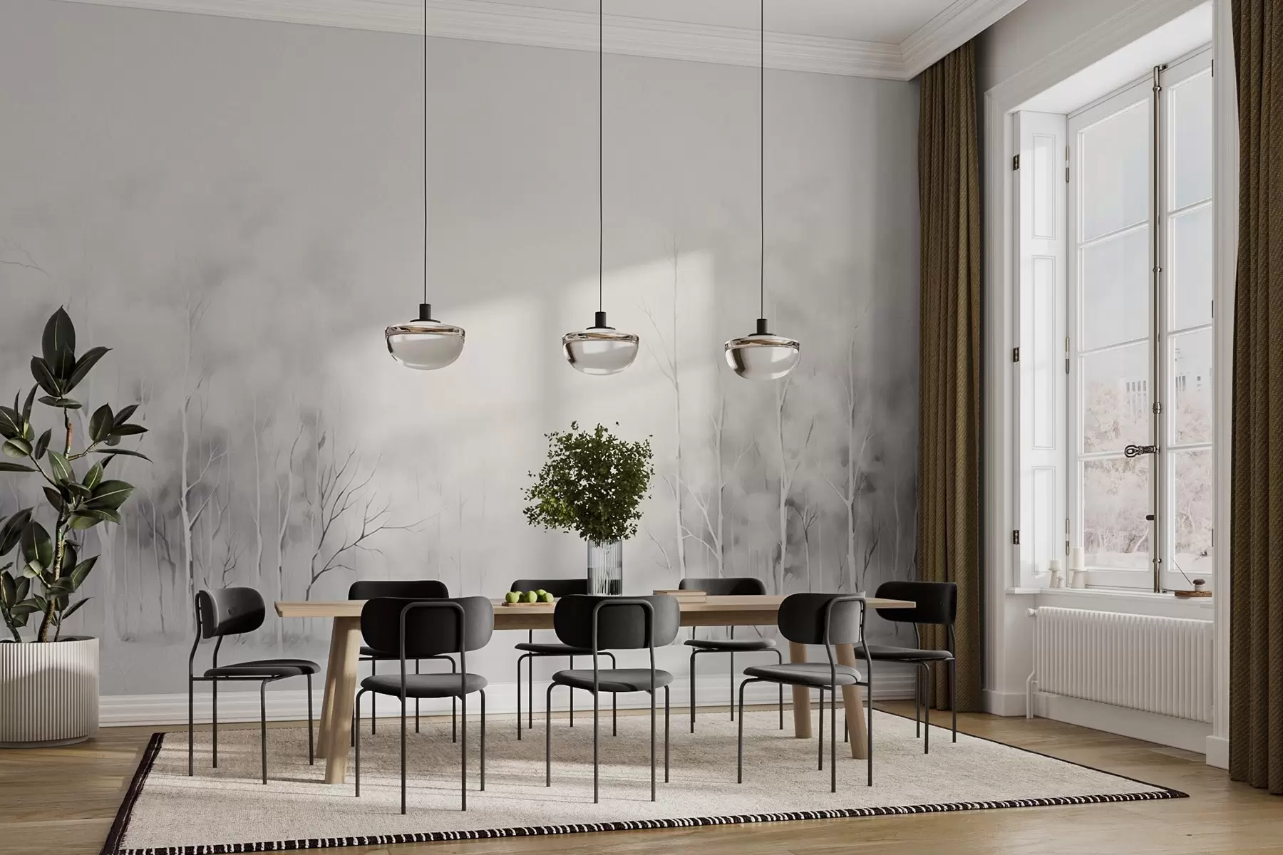 Fototapeedid Puud udus akvarellstiilis soojal taustal w08875