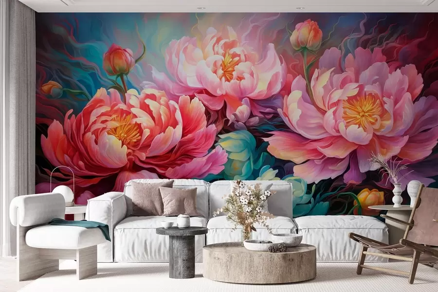 Fototapeedid Muinasjutulised roosad pojengid pintslitõmbega stiilis w08879