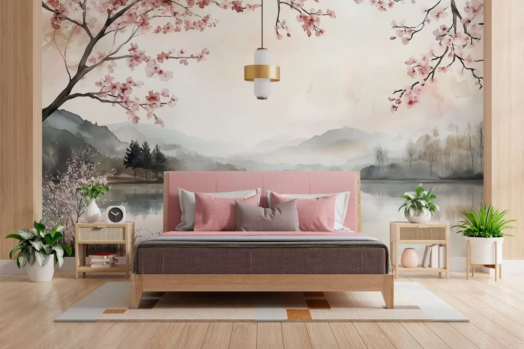 Fototapeedid rahulik akvarellmaastik järve ja õitsva puuga w03282