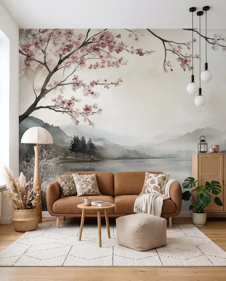 Fototapeedid rahulik akvarellmaastik järve ja õitsva puuga w03282