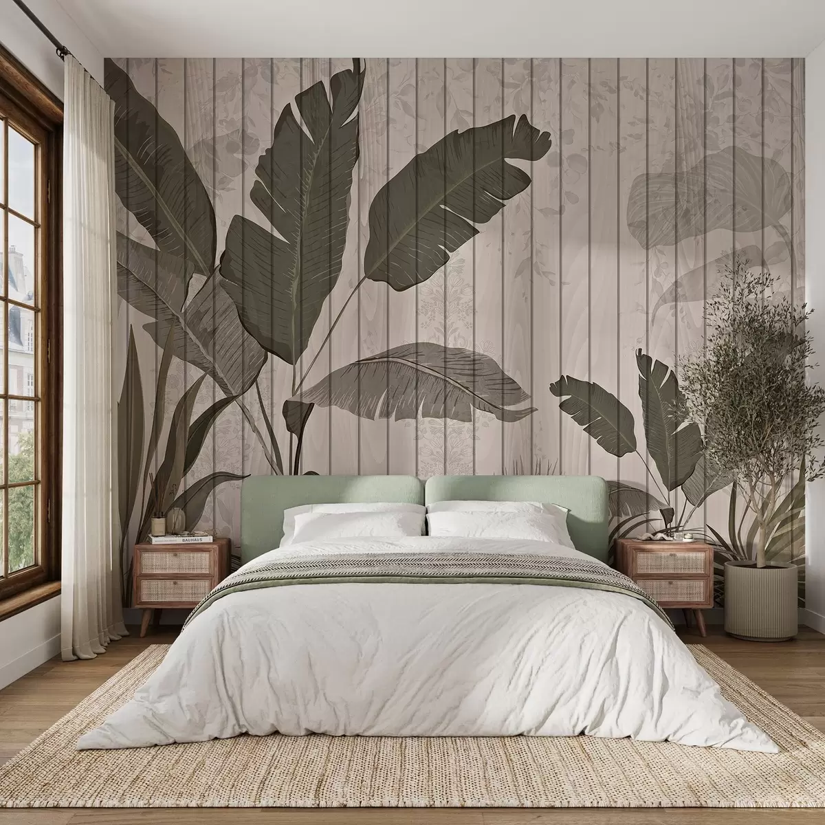 Fototapeedid Elegantne botaaniline illustratsioon banaanilehtede ja eksootiliste taimedega heledal taustal w03325v1