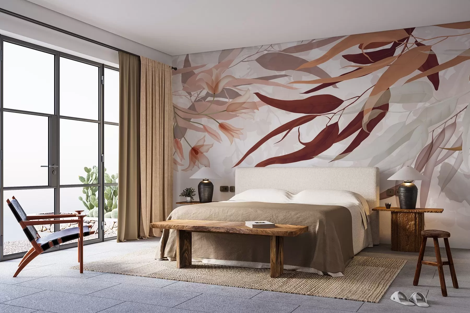 Fototapeedid Eukalüpti lehed bordo, beeži ja valge toonides koos õrnade lillede ja okstega valgel taustal w08887