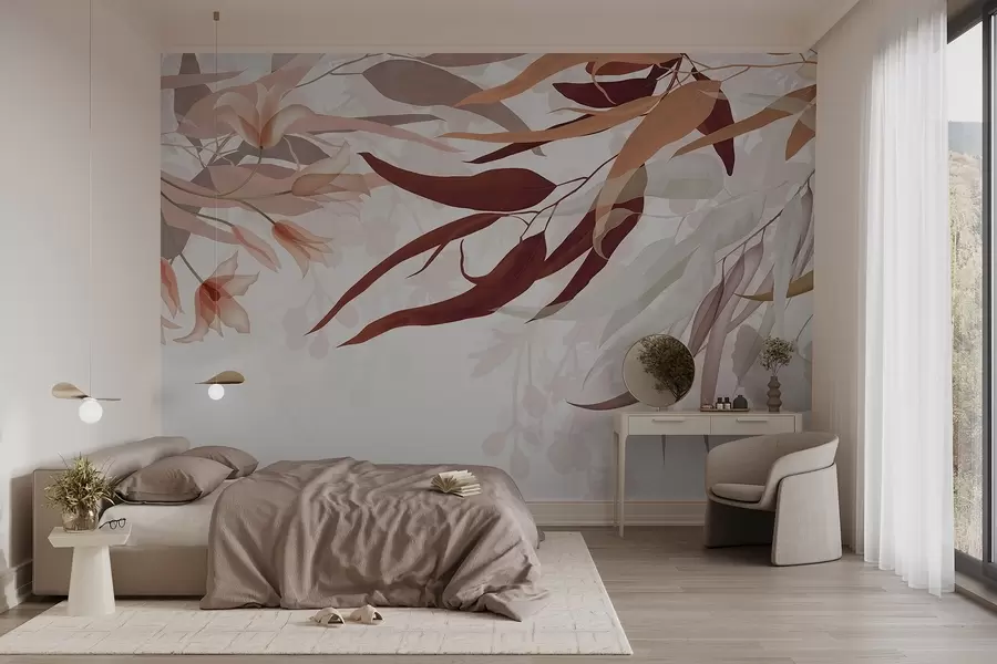 Fototapeedid Eukalüpti lehed bordo, beeži ja valge toonides koos õrnade lillede ja okstega valgel taustal w08887