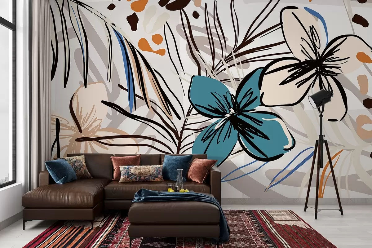 Fototapeedid Kaasaegne abstraktne trükis troopiliste palmilehtedega, siniste ja beežide lilledega, mustad jooned, heledal taustal w08889