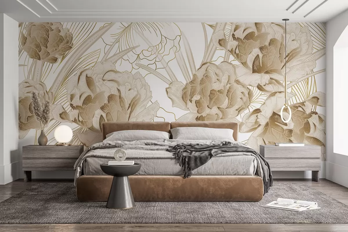 Fototapeedid Beežid pioonid koos lehtedega valgel taustal, lilleline kujundus, botaaniline illustratsioon  w08897