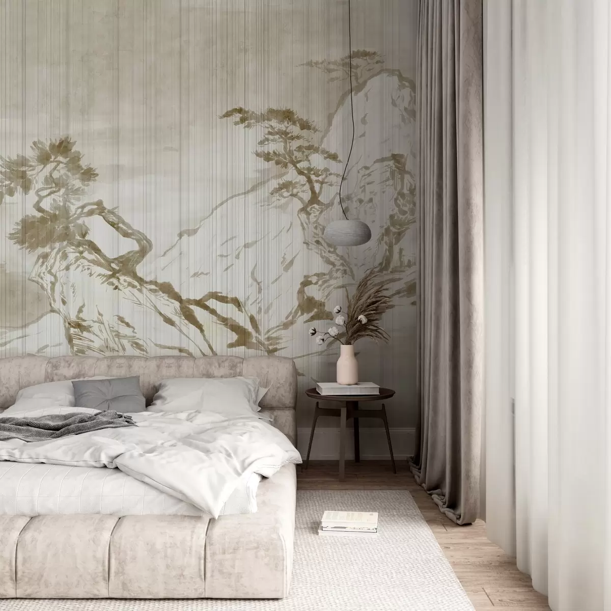 Fototapeedid Traditsiooniline Hiina ühevärviline maastikuillustratsioon, millel on mäed, puud ja udu w03379