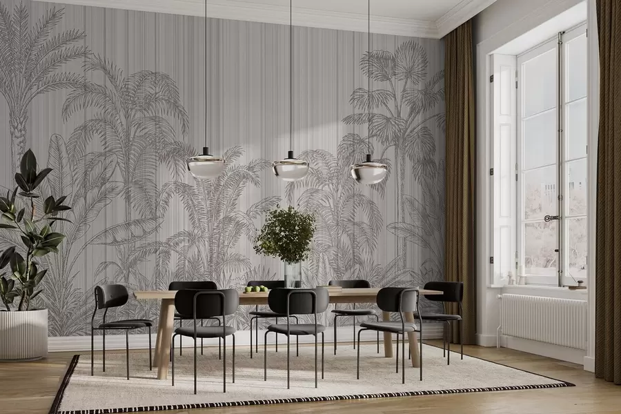 Fototapeedid Vintage illustratsioon troopiliste taimede ja palmipuude kohta tekstuurilisel taustal w03383