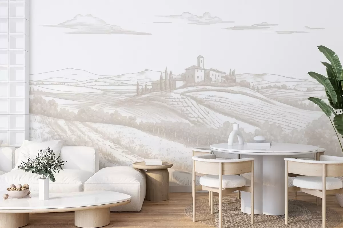 Fototapeedid Toscana maastikud, Itaalia, viinamarjaistandused, loodus, vana loss, beežid värvid w03349