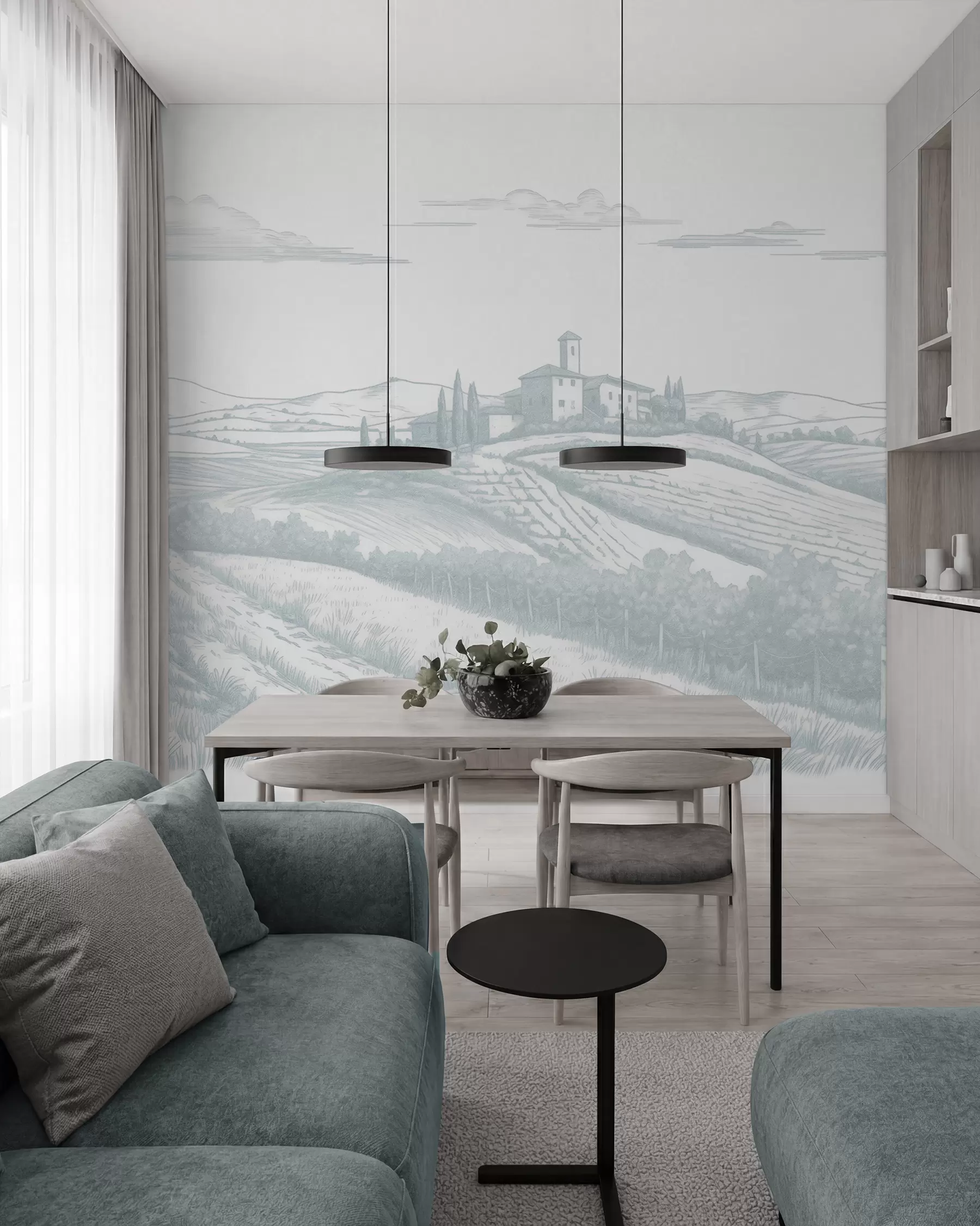 Fototapeedid Toscana maastikud, Itaalia, viinamarjaistandused, loodus, vana loss, sinised värvid w03349v1