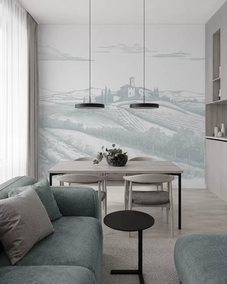 Fototapeedid Toscana maastikud, Itaalia, viinamarjaistandused, loodus, vana loss, sinised värvid w03349v1