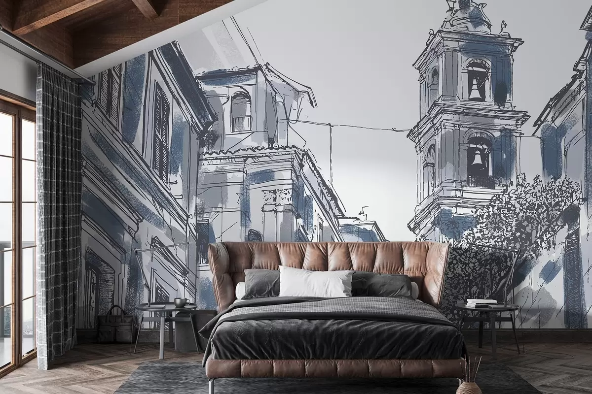 Fototapeedid Vahemere linna tänav, kabel, arhitektuur, hallid ja sinised värvid w03350