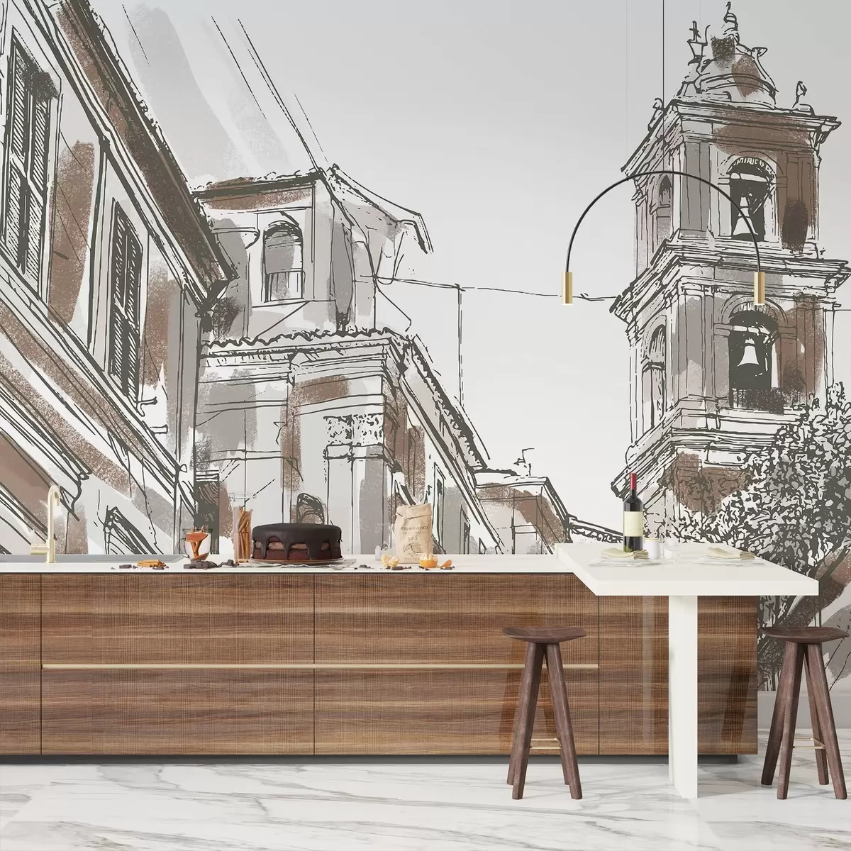 Fototapeedid Vahemere linna tänav, kabel, arhitektuur, beež ja pruunid värvid w03350v1