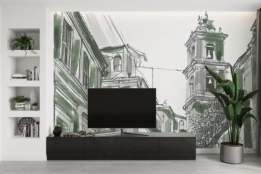 Fototapeedid Vahemere linna tänav, kabel, arhitektuur, hallid ja rohelised värvid w03350v2