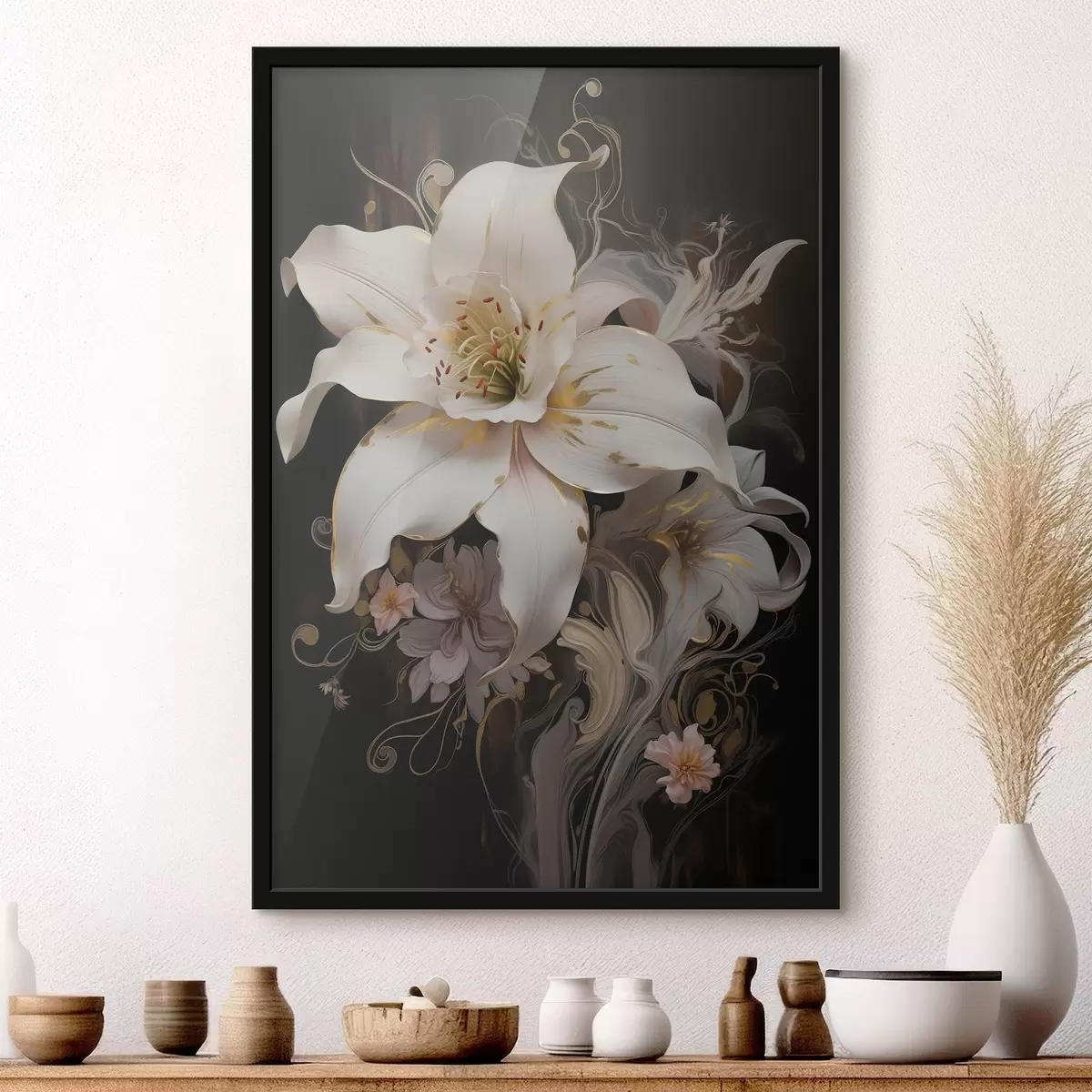 Plakat Lähivõtte abstraktne lillelill tumedal taustal f43254