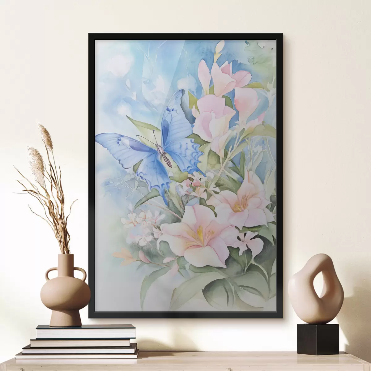 Plakat Sinine liblikas ja roosad lilled f43296