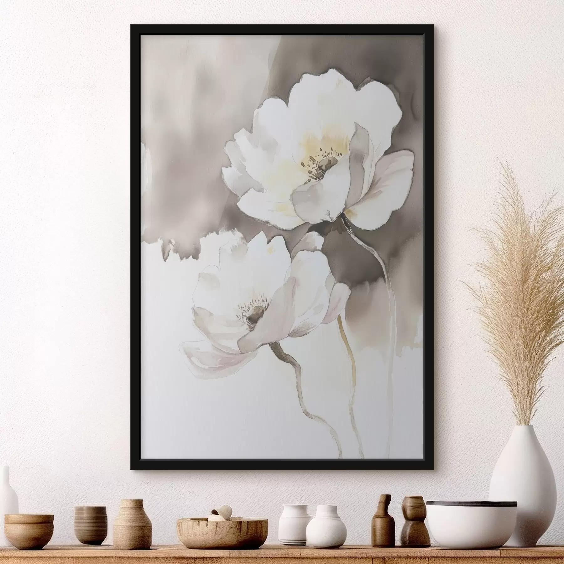 Pilt Valged lilled pruunil taustal akvarellvärvi stiilis f43297