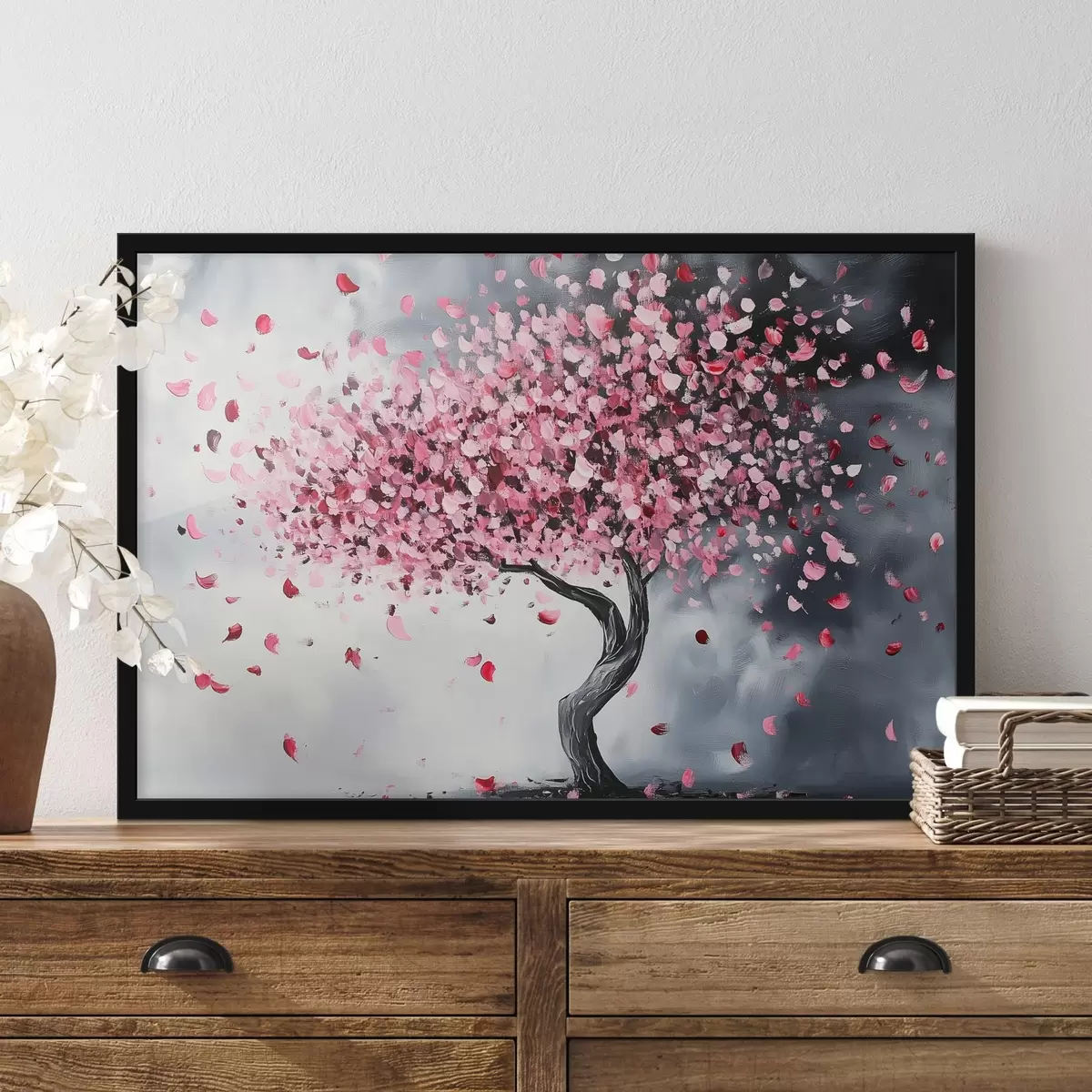 Plakat Roosa õitsev puu hallil taustal f43299