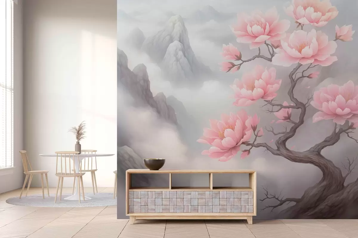 Fototapeedid Kuiv puu suurte õitega mäenõlval w03388