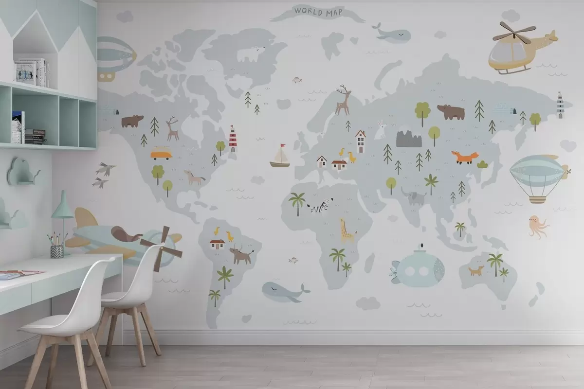 Fototapeedid Laste maailmakaart loomade ja lennukitega w03392