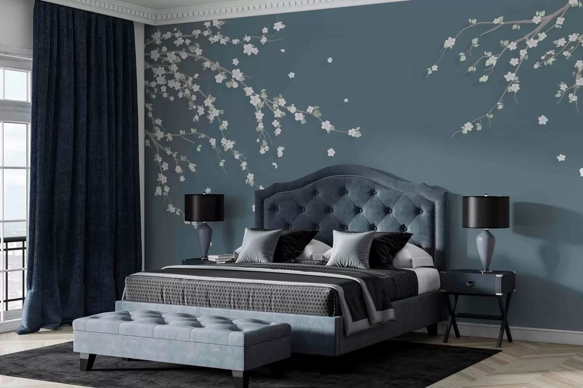 Fototapeedid Sinise grunge-stiilis õitsev okas seina taustal w03393v1