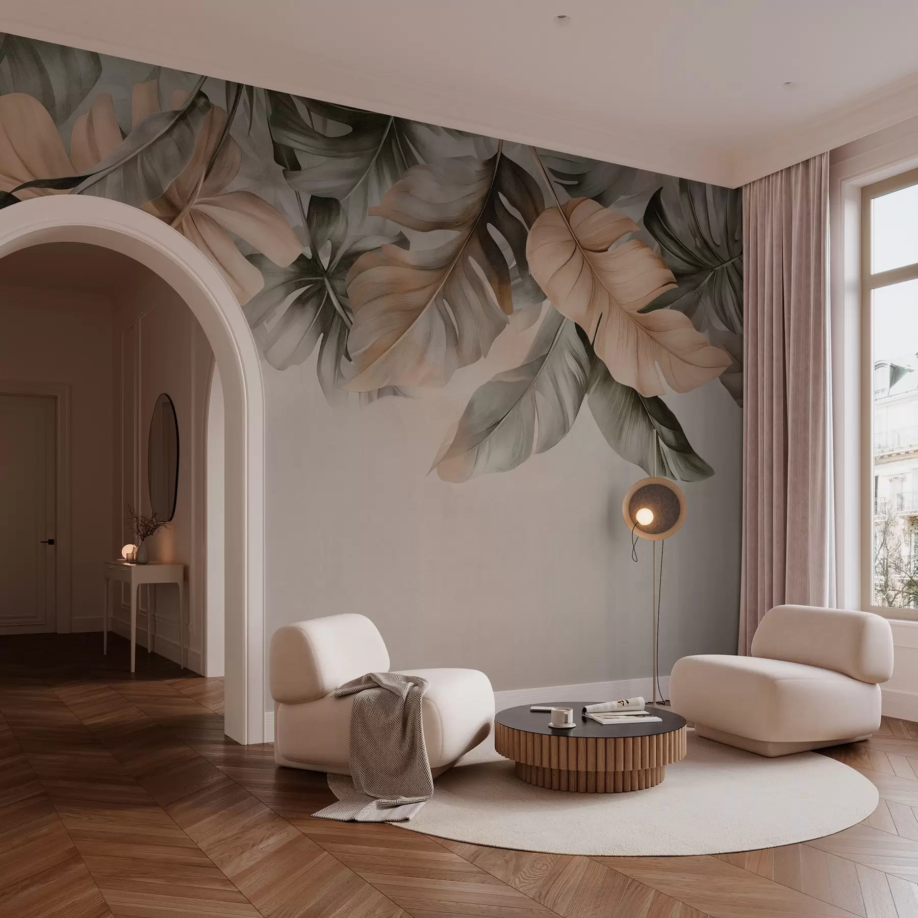 Fototapeedid Ülalt rippuvad troopilised lehed tekstuurilisel taustal w03290