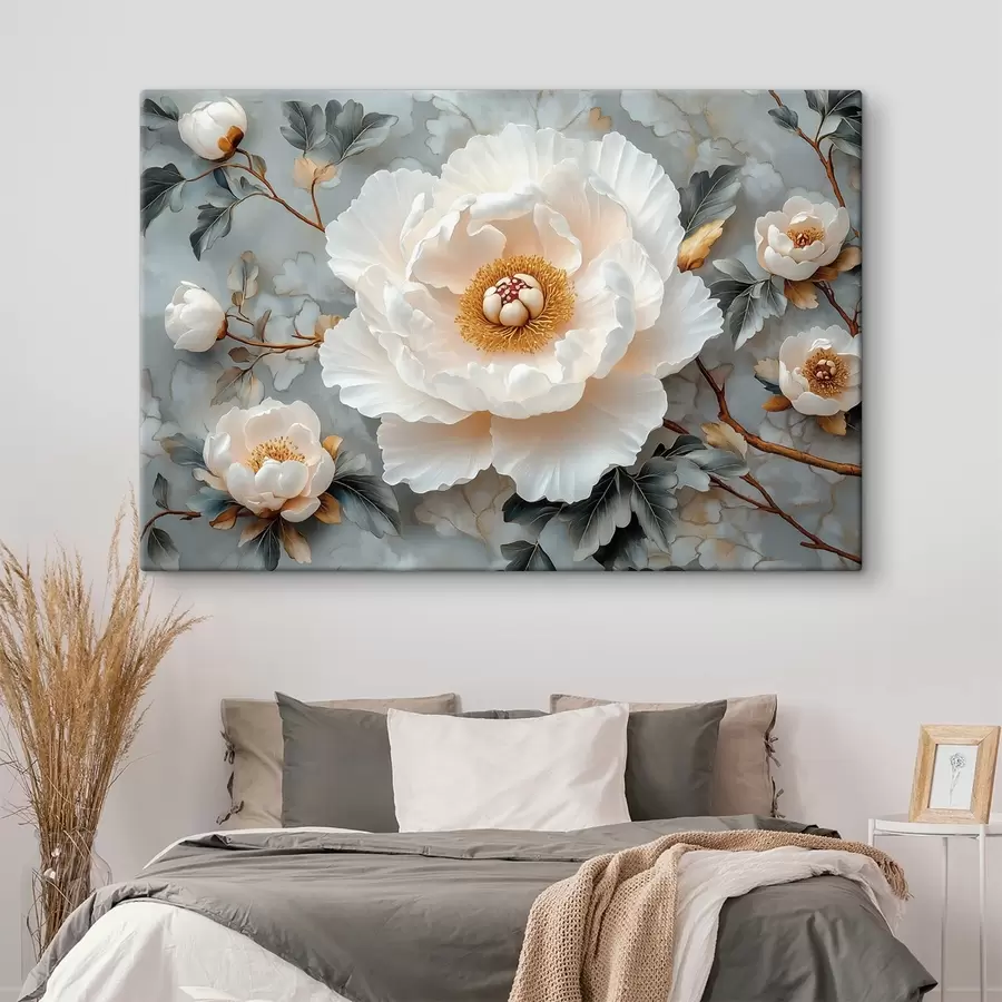 Pilt Suurepärane pioon lehtede ja väikeste pojengide taustal s43315