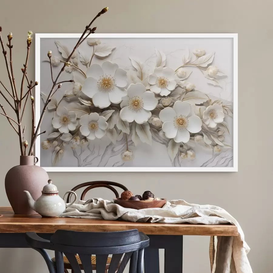 Fototapeedid 3D valged lilled klassikalises stiilis kollase aktsendiga f43313