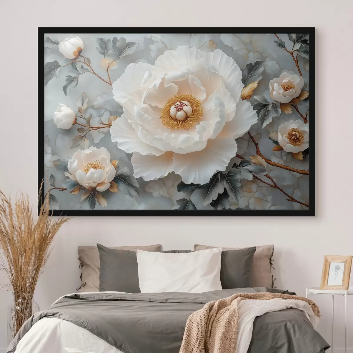 Plakat Suurepärane pioon lehtede ja väikeste pojengide taustal f43315