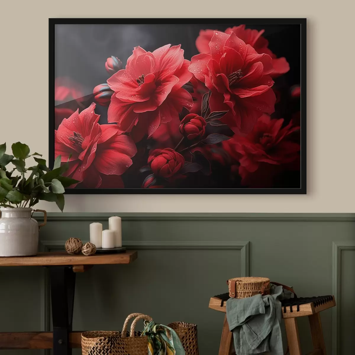 Plakat Punased lilled tumedal taustal f43318