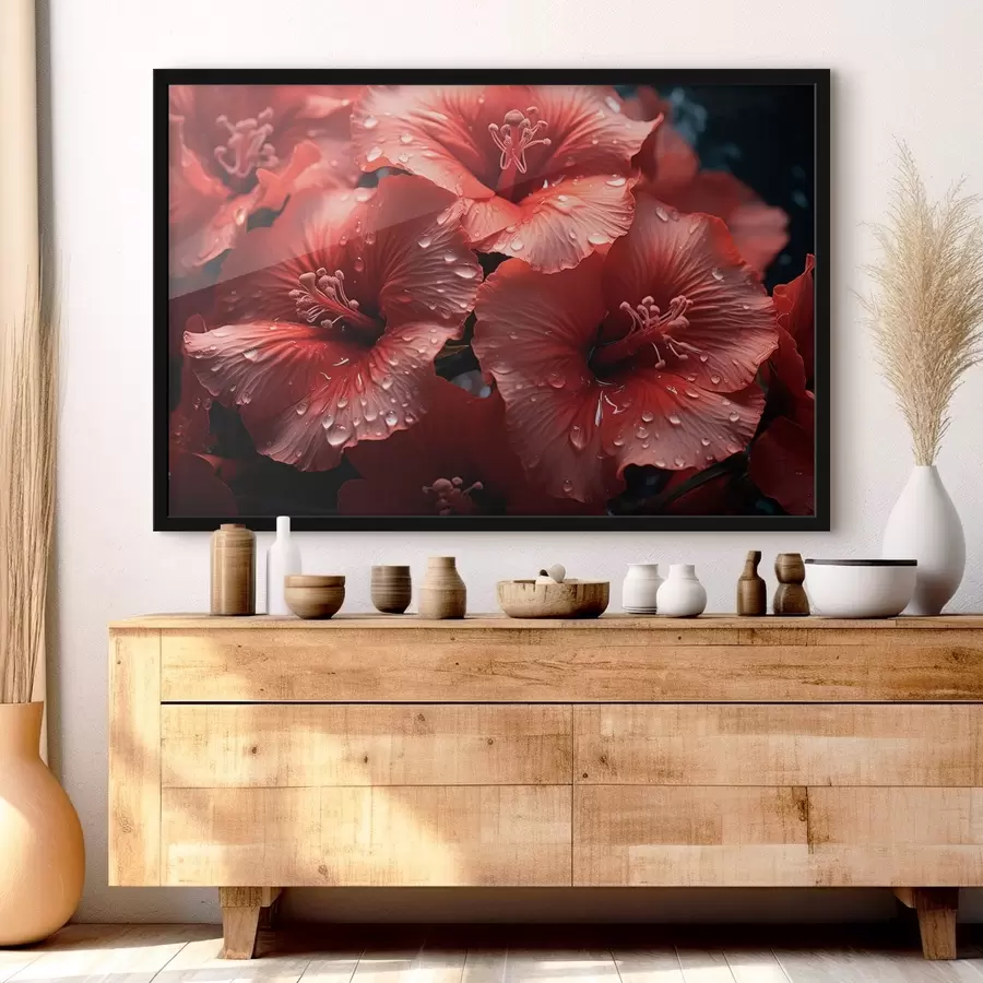 Fototapeedid Punased lilled, mille kroonlehtedel on kaste f43319