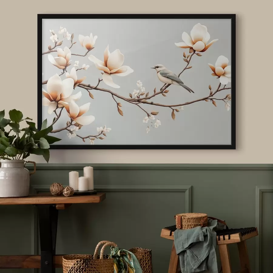 Fototapeedid Linnuke harul magnooliatega pehmete pastelsete värvidega f43320