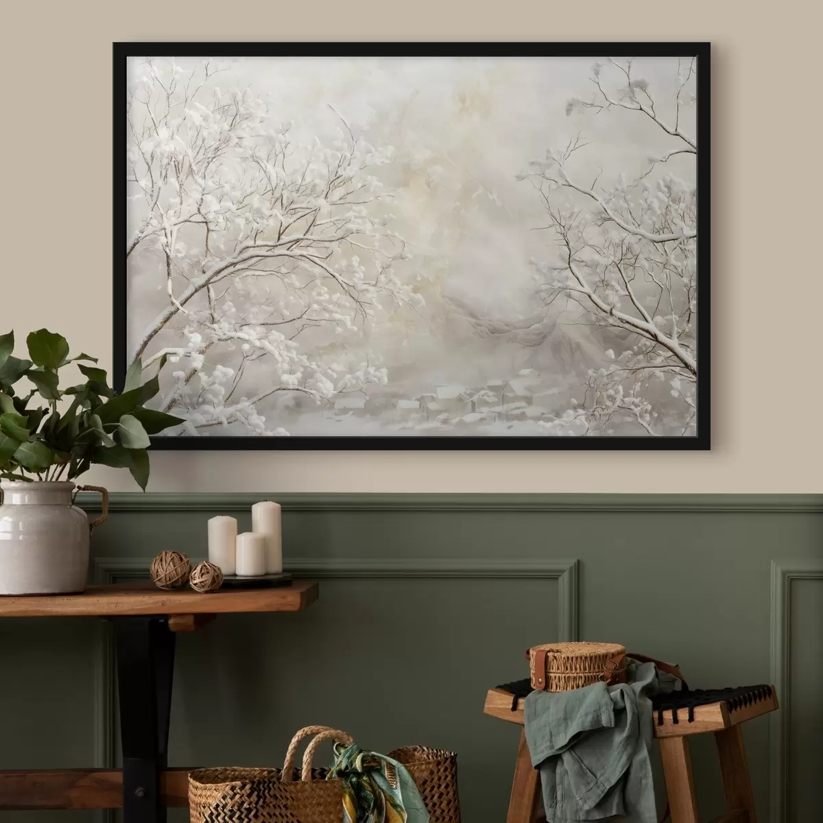 Plakat Talvised oksad koos lumega talveküla taustal f43321