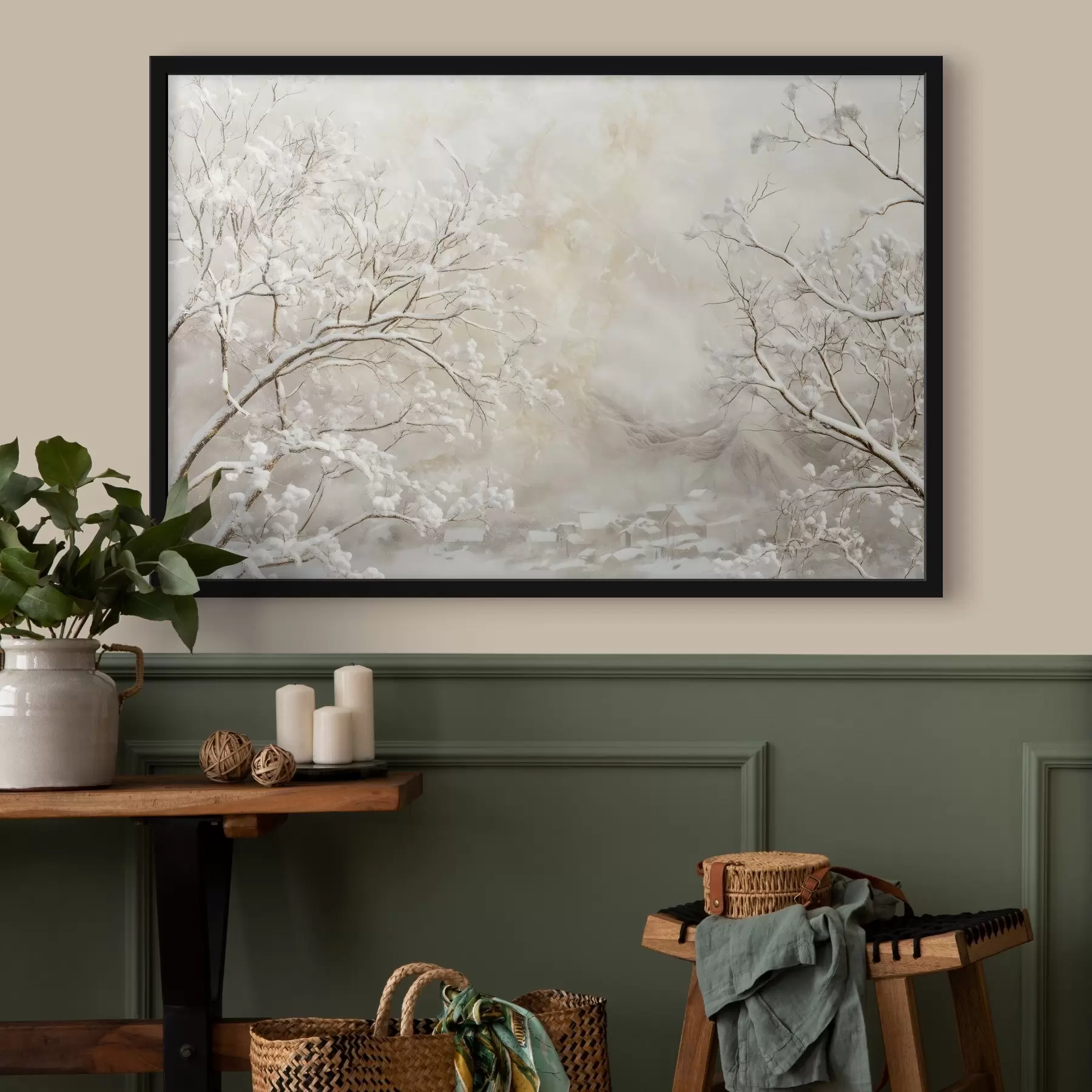 Fototapeedid Talvised oksad koos lumega talveküla taustal f43321