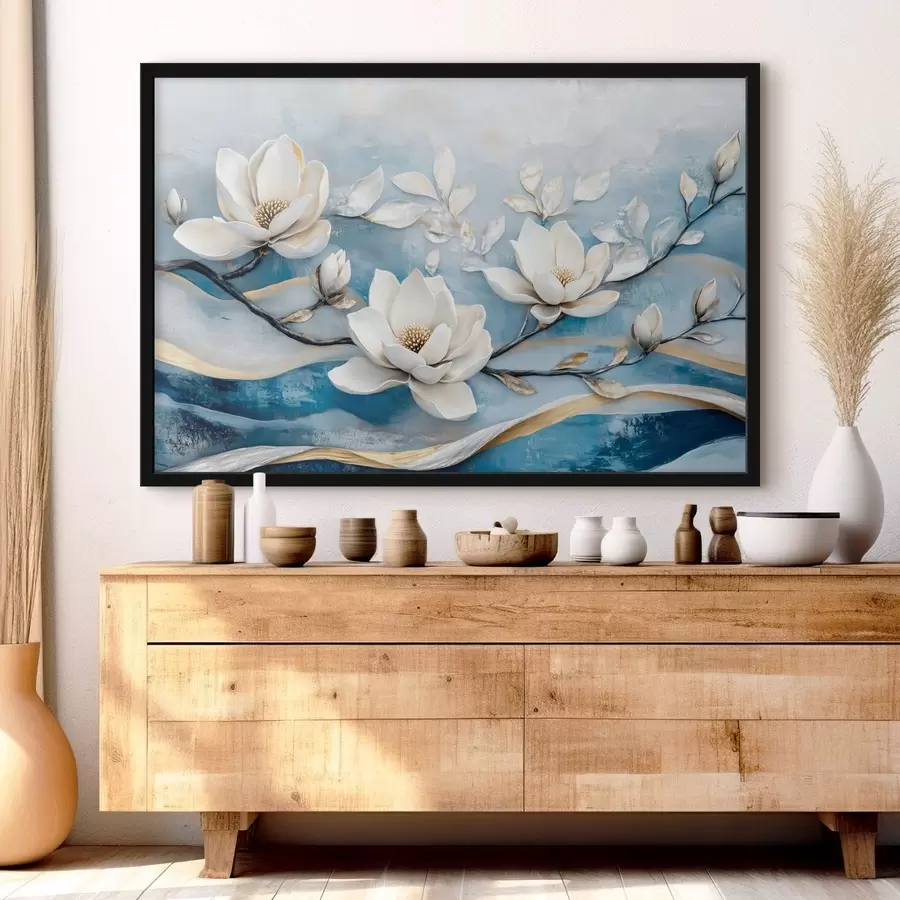 Fototapeedid Magnoolia oksa abstraktsel sinikollasel taustal f43323