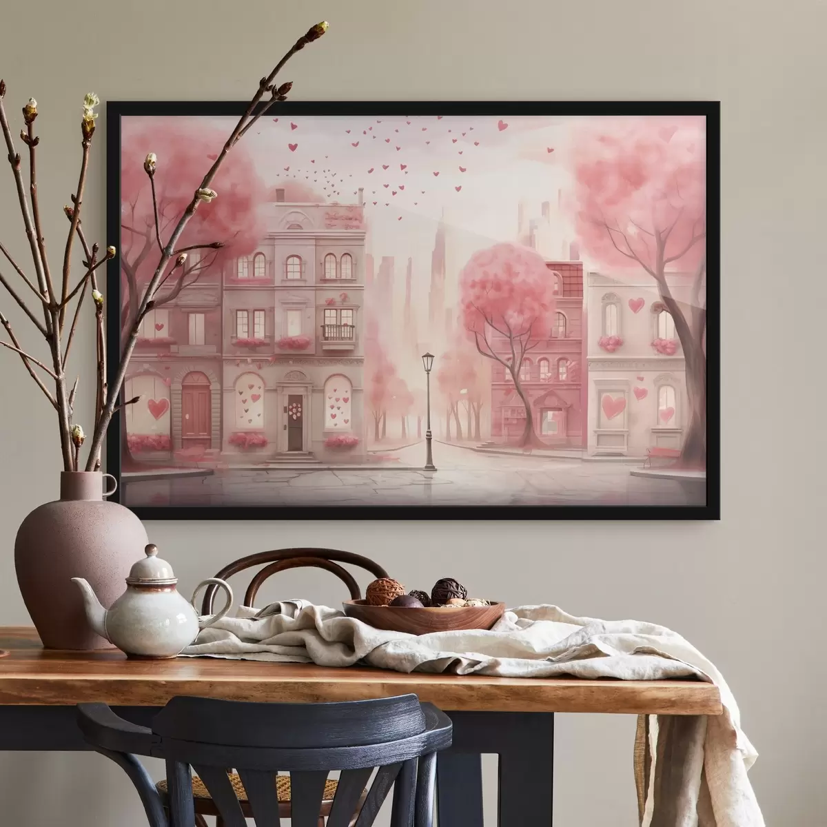 Plakat Romantiline roosa tänav südamega f43324