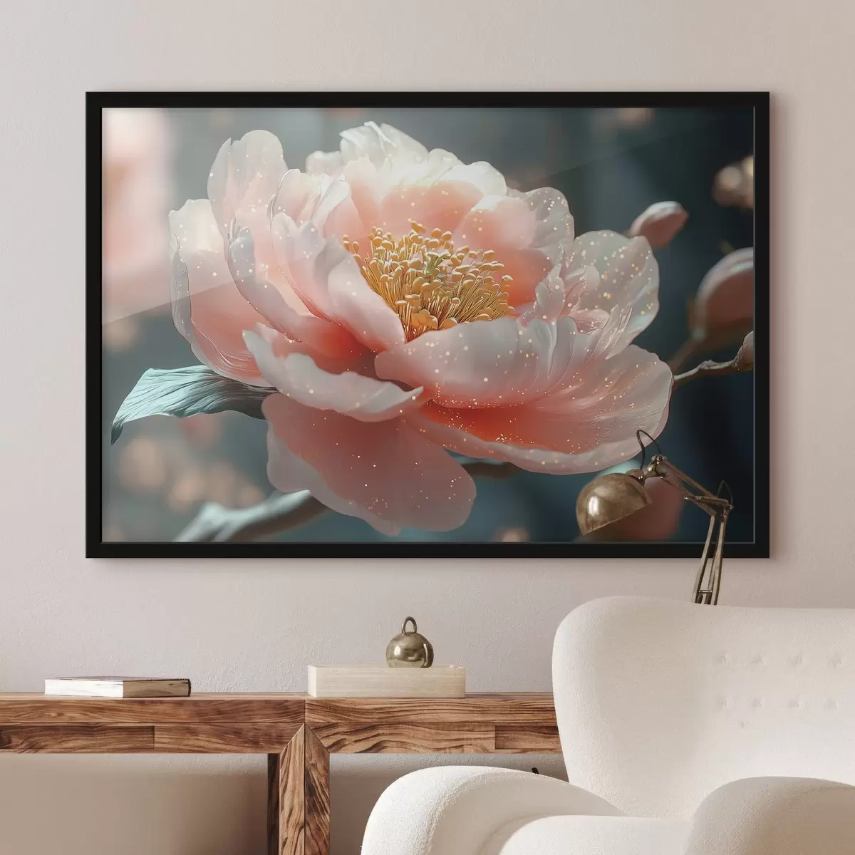 Plakat Õrn lill oksal koos päikesekiirtega f43326