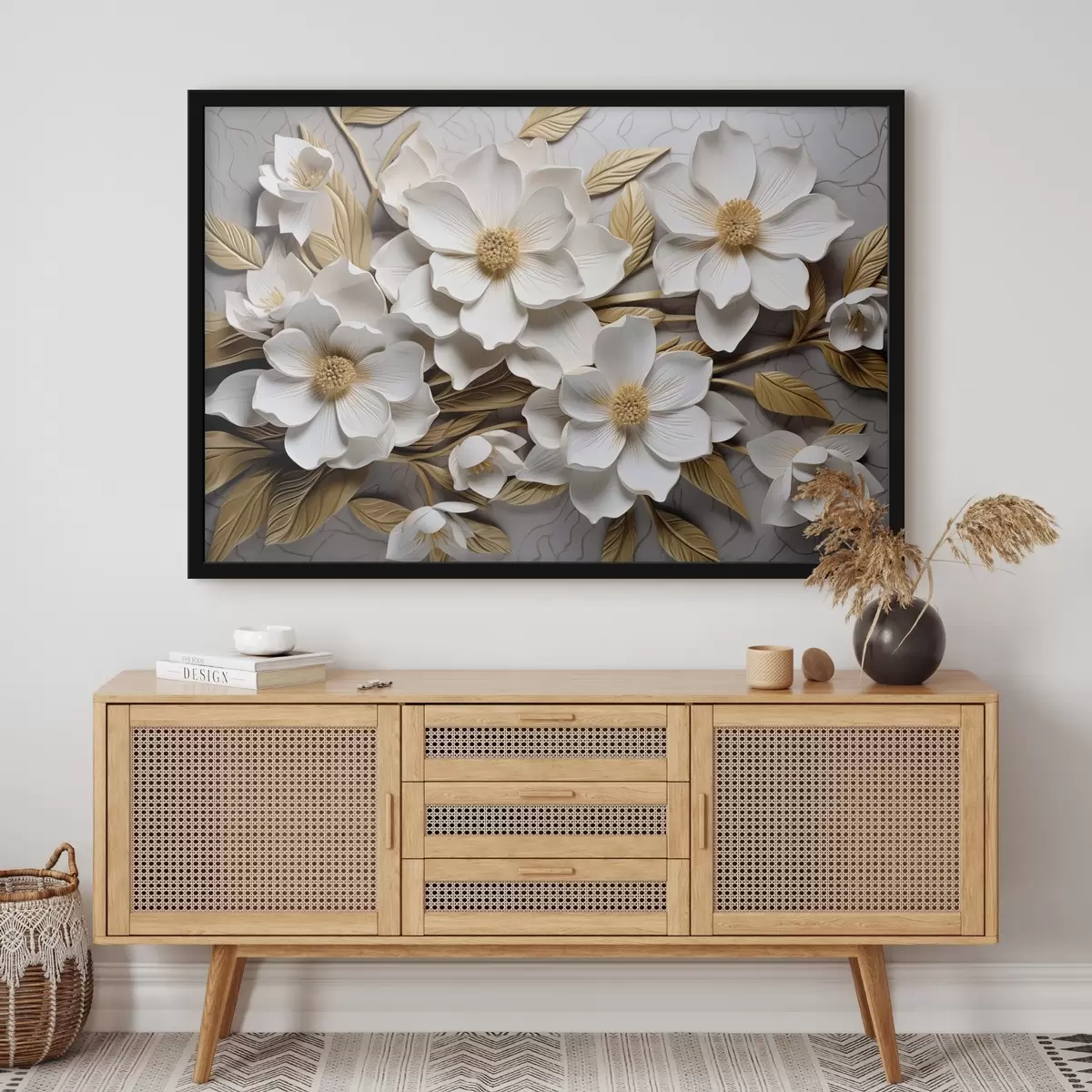 Plakat Valged lilled reljeefse fresko stiilis, kollaste lehtede ja õisikutega f43330