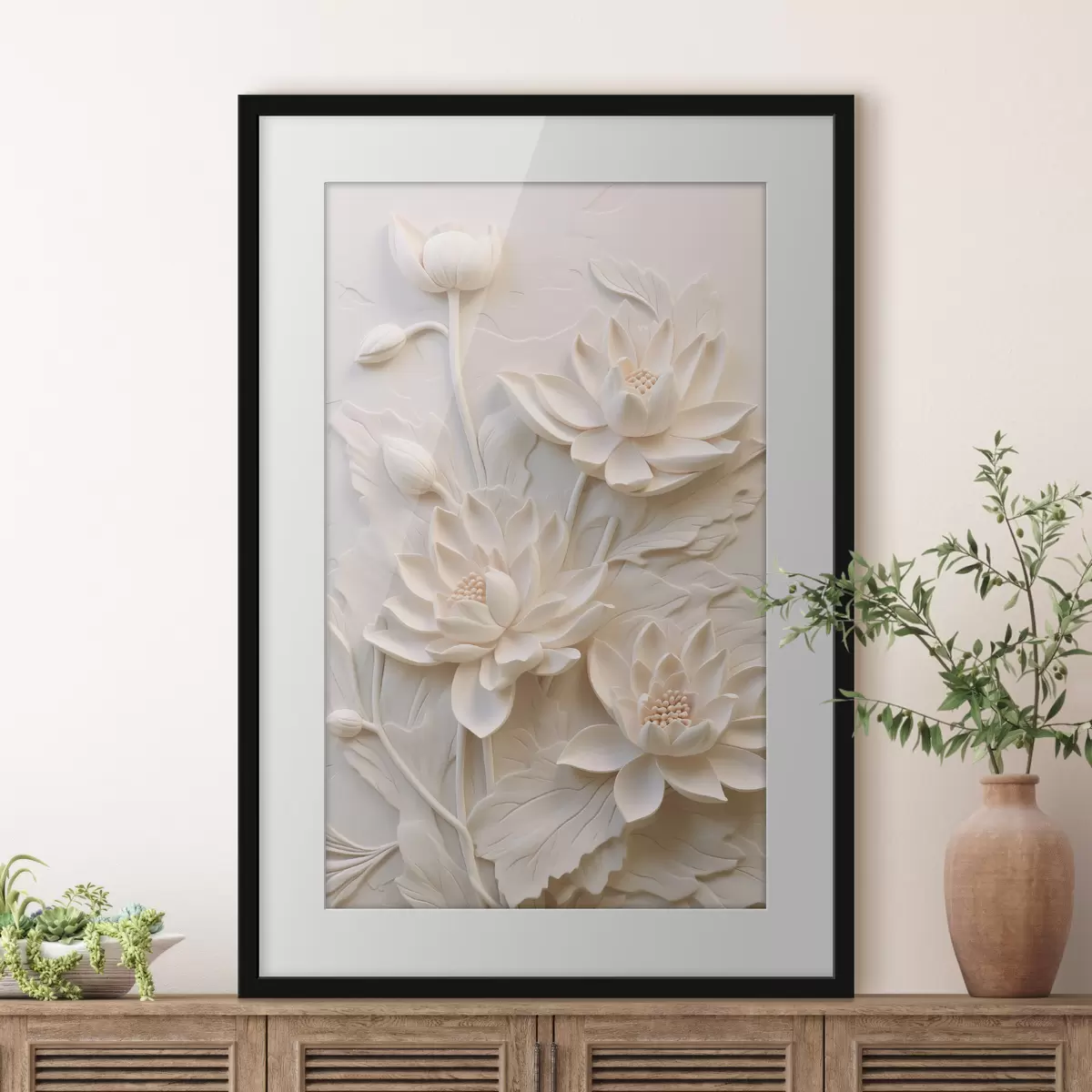 Plakat Valge liist, imitatsioon, lilled f43334