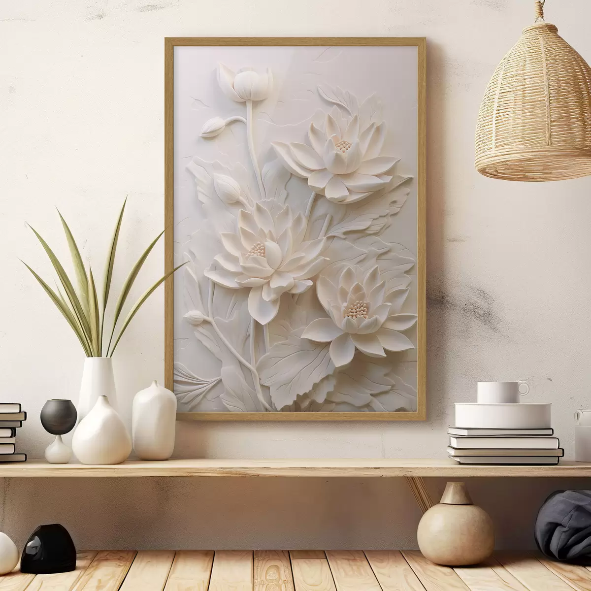 Plakat Valge liist, imitatsioon, lilled f43334