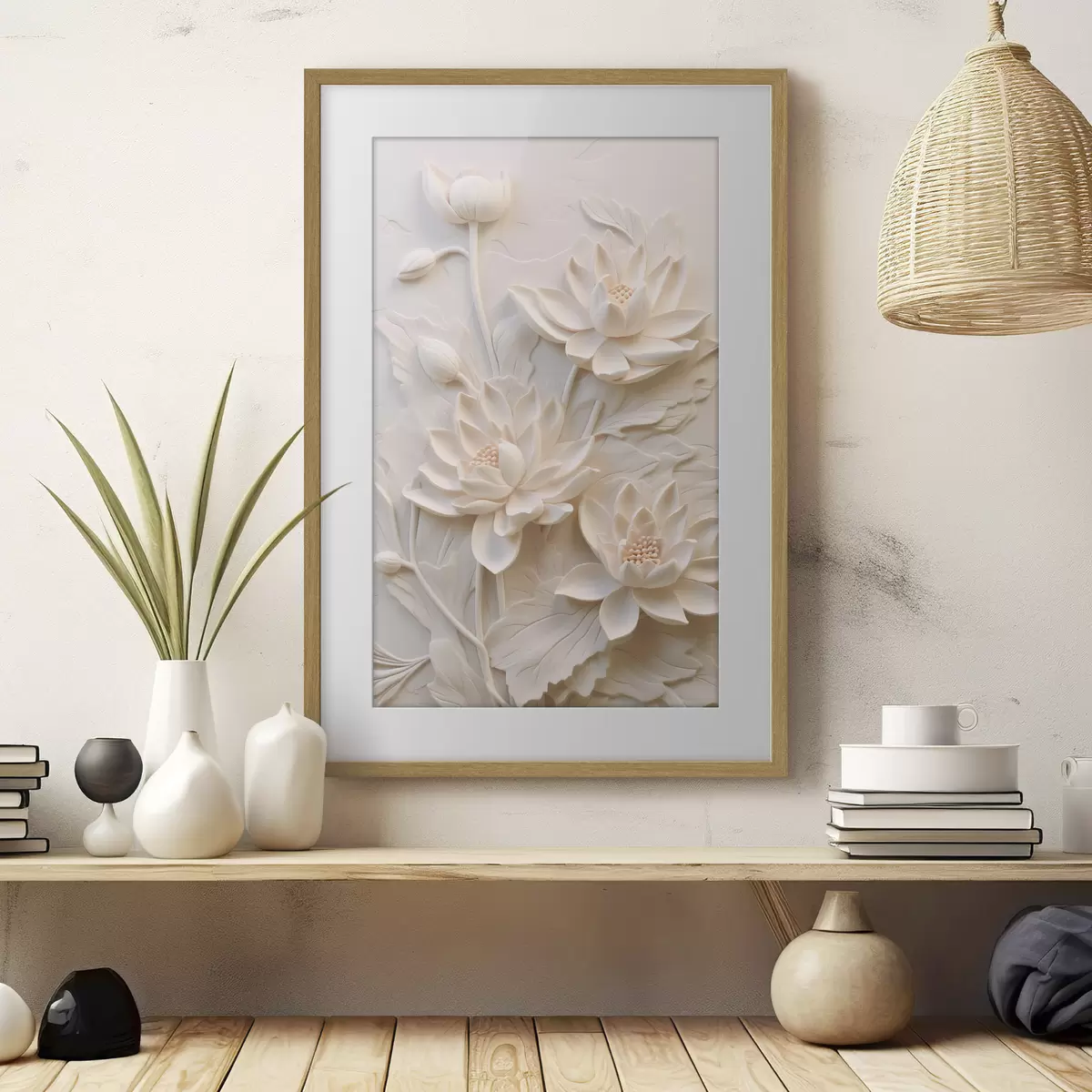 Plakat Valge liist, imitatsioon, lilled f43334