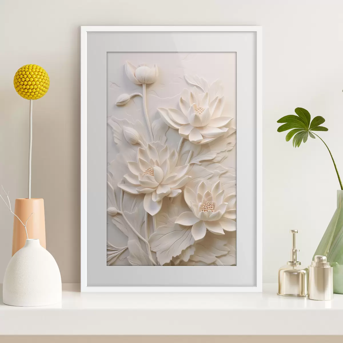 Plakat Valge liist, imitatsioon, lilled f43334